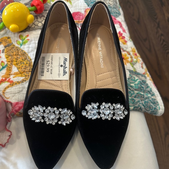 Adrienne Vittadini Shoes - Adrienne Vittadini Black Velvet Loafers with Crystal Embellishments